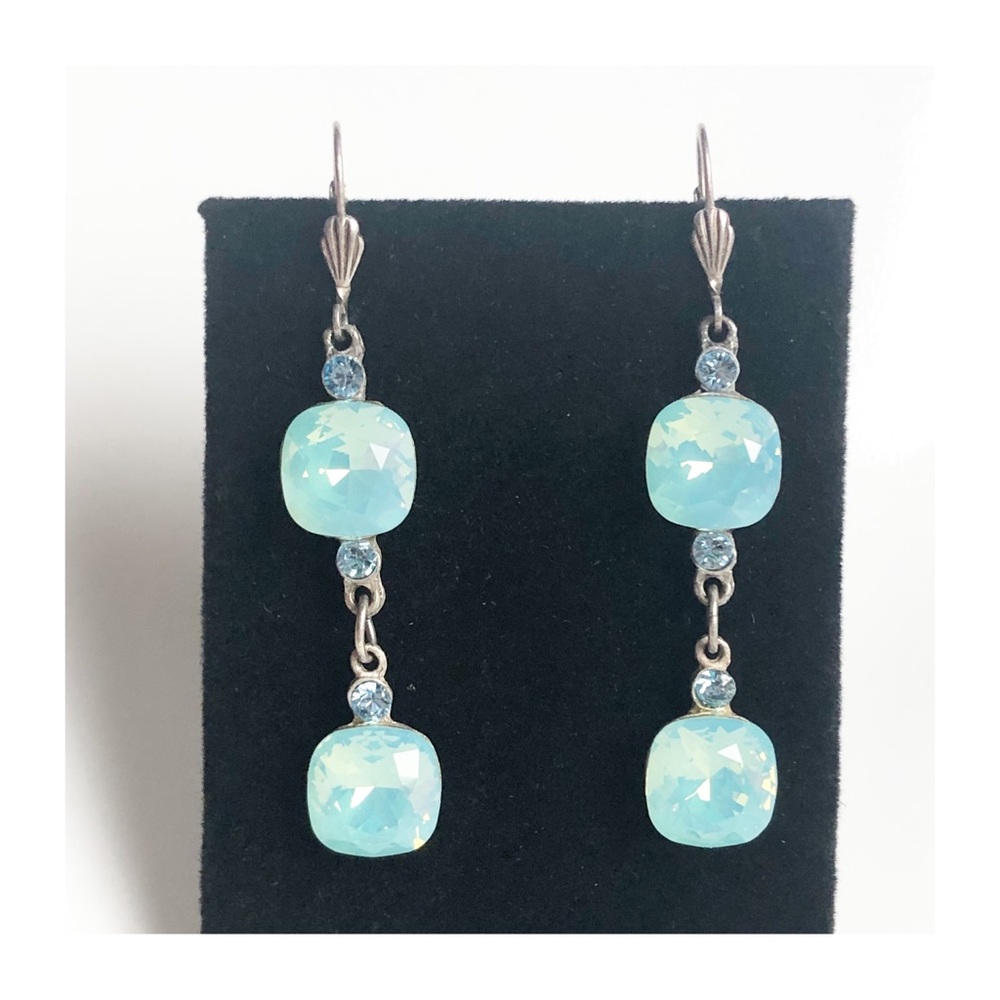 Yoni Z Aqua Blue Crystal Double Drop Dangle Earrings Silver Tone Sparkle